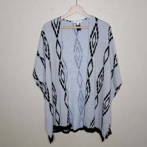 Painted Threads | Black Beige Oversized Aztec Open Front Poncho with Fringe XS
